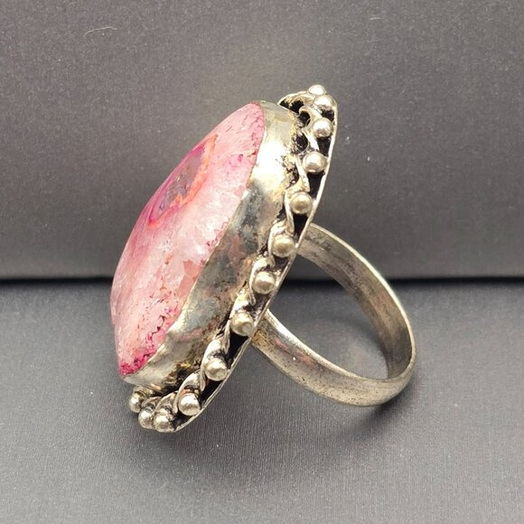 925 Sterling Silver Plated Druzy Quartz Ring Size 7 Bezel Setting Statement - Picture 2 of 12